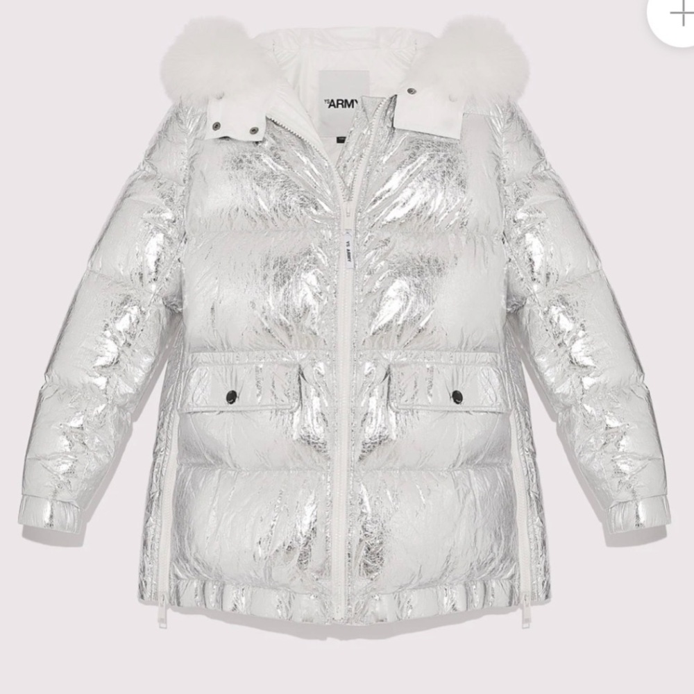 Yves Salomon Metallic Silver Puffer Coat with Fur Trim